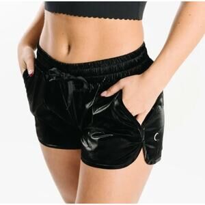 Zyia NWT Active Midnight Gloss Bomber Shorts High Rise Black Sz Med Athletic